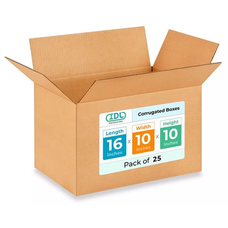 IDL PACKAGING 16L x 10W x 10H Corrugated Boxes for Shipping or Moving, Heavy Duty, 25PK B-161010-25